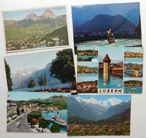 6 vintage Swiss postcards Lucerne Luzern Vevey Interlaken Lugano Switzerland J